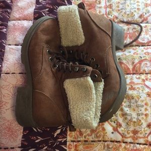 Brown Suede Fleece Top Lace Up Heel Boots